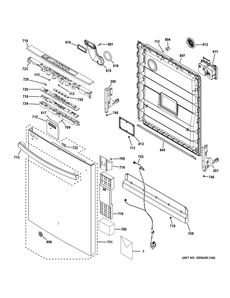 Escutcheon And Door Assembly Diagram and Parts List for GDT530PGP6BB  General Electric Dishwasher