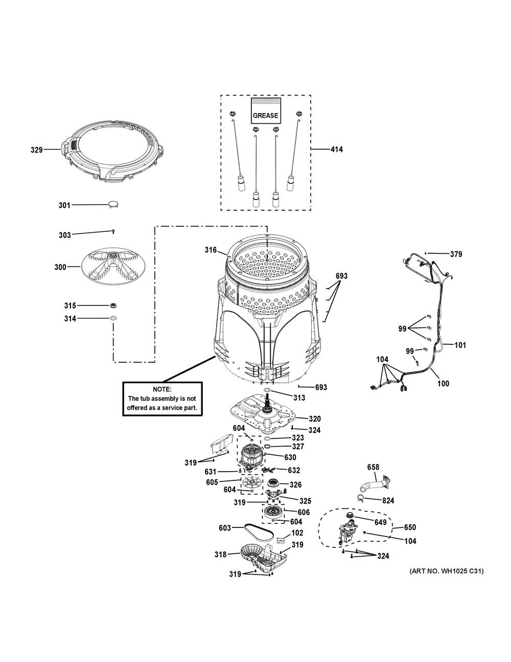 Tub And Motor Diagram and Parts List for GTW500ASN5WS  General Electric Washer