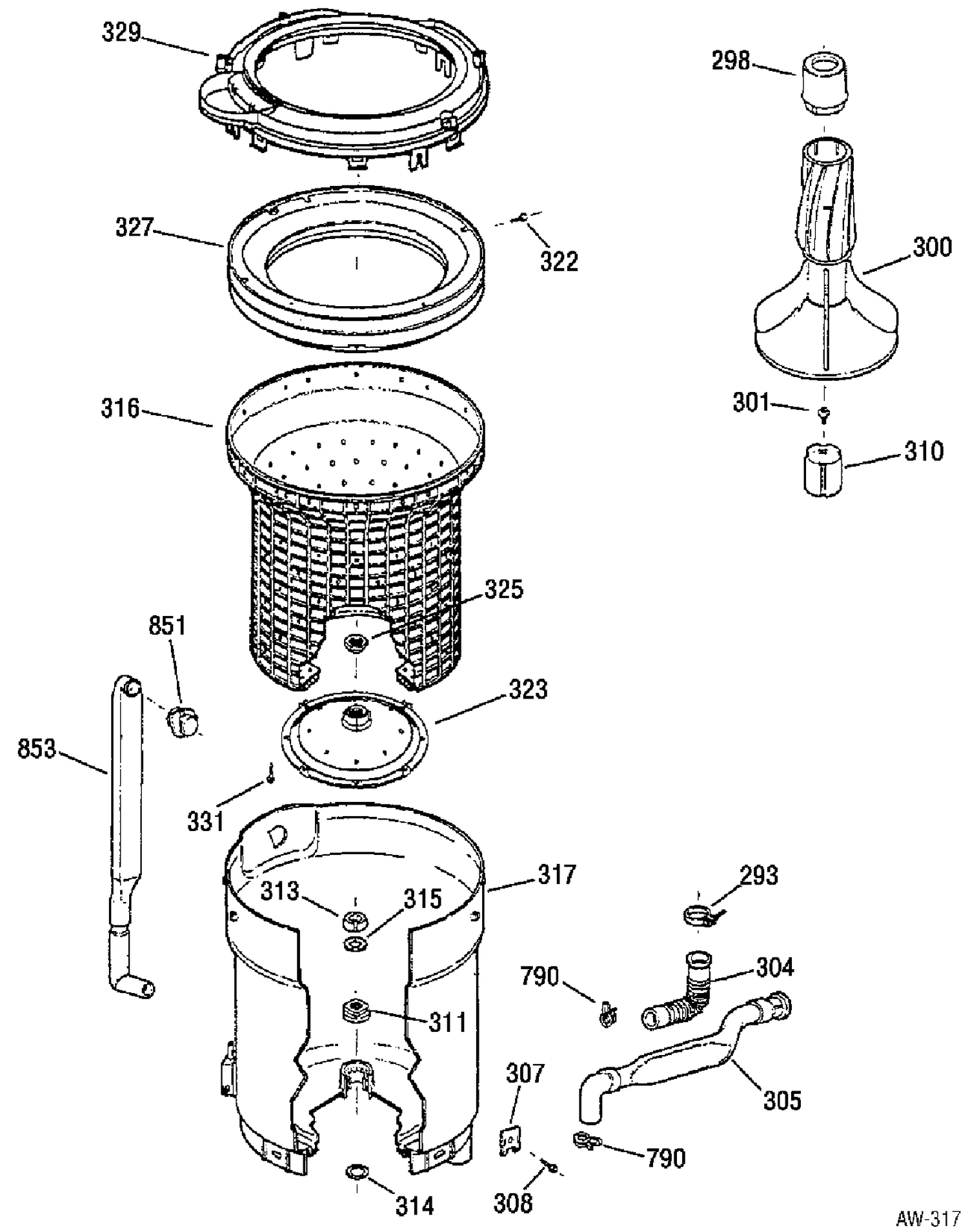 TUB, BASKET & AGITATOR Diagram and Parts List for GBXR1080A2WW  General Electric Washer