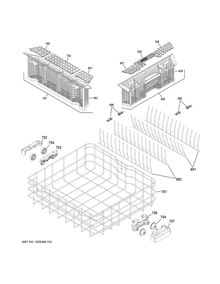 Lower Rack Assembly Diagram and Parts List for GDT550HSD4SS  General Electric Dishwasher