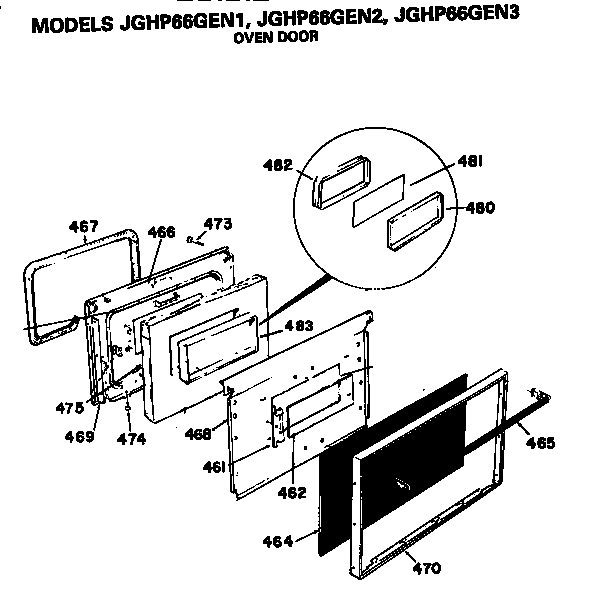 Oven Door Diagram and Parts List for JGHP66GEN1  General Electric Range