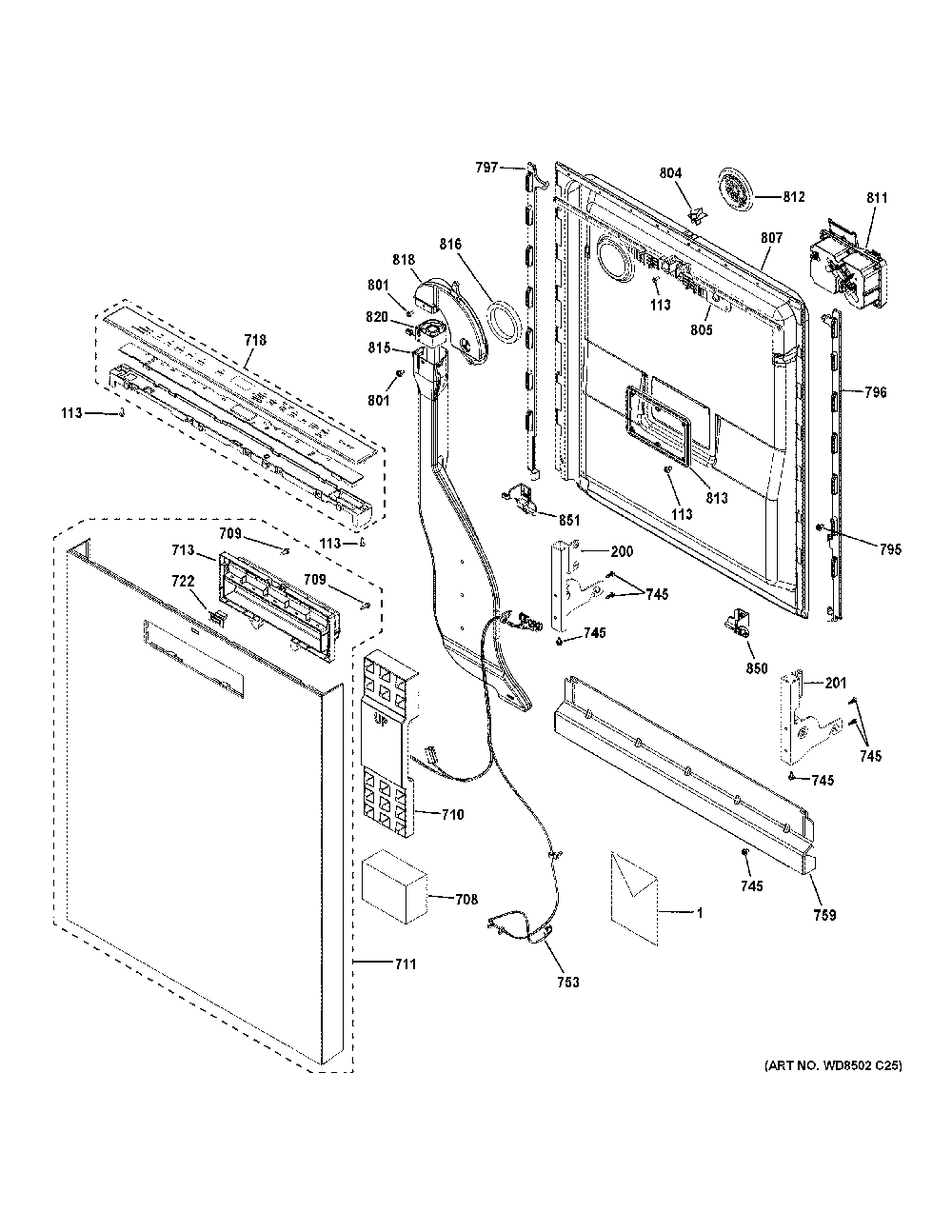 Escutcheon And Door Assembly Diagram and Parts List for CDT845M5N8S5  General Electric Dishwasher