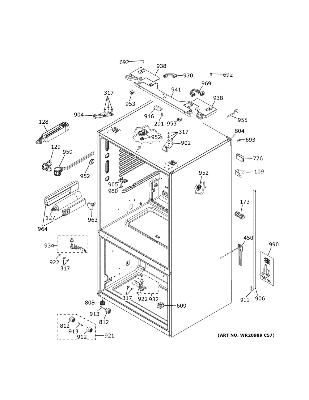 Case Parts Diagram and Parts List for GWE23GENCDS  General Electric Refrigerator