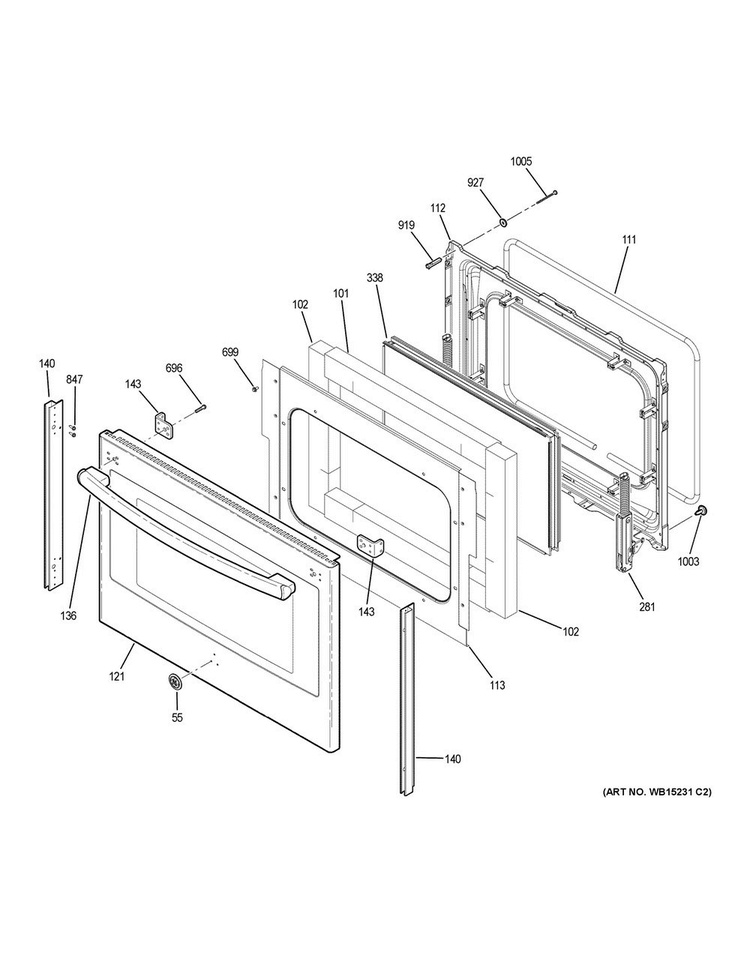 Lower Door Diagram and Parts List for JB860SJ2SS  General Electric Range