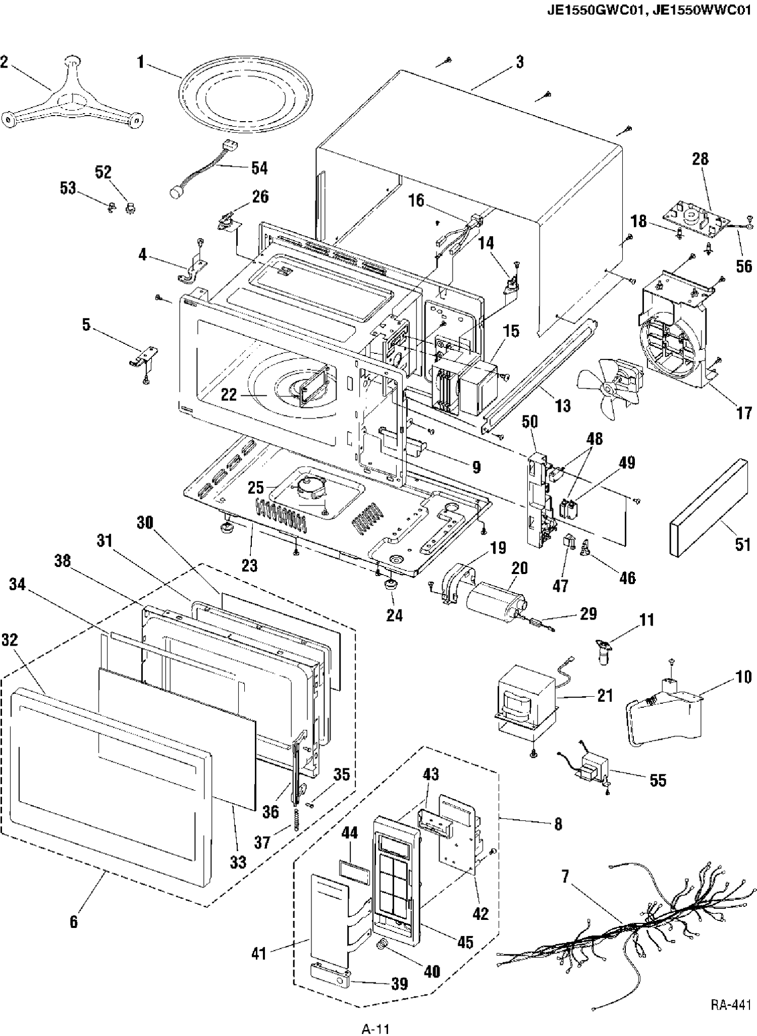 BODY PARTS Diagram and Parts List for JE1550WWC01  General Electric Microwave