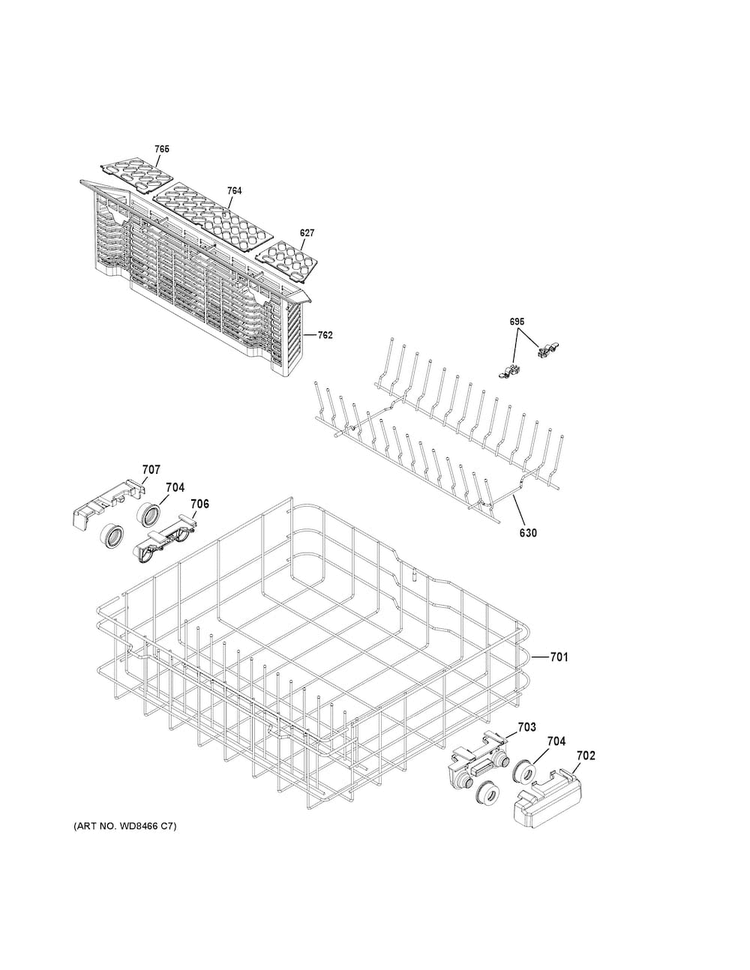 Lower Rack Assembly Diagram and Parts List for DDT575SSF5SS  General Electric Dishwasher