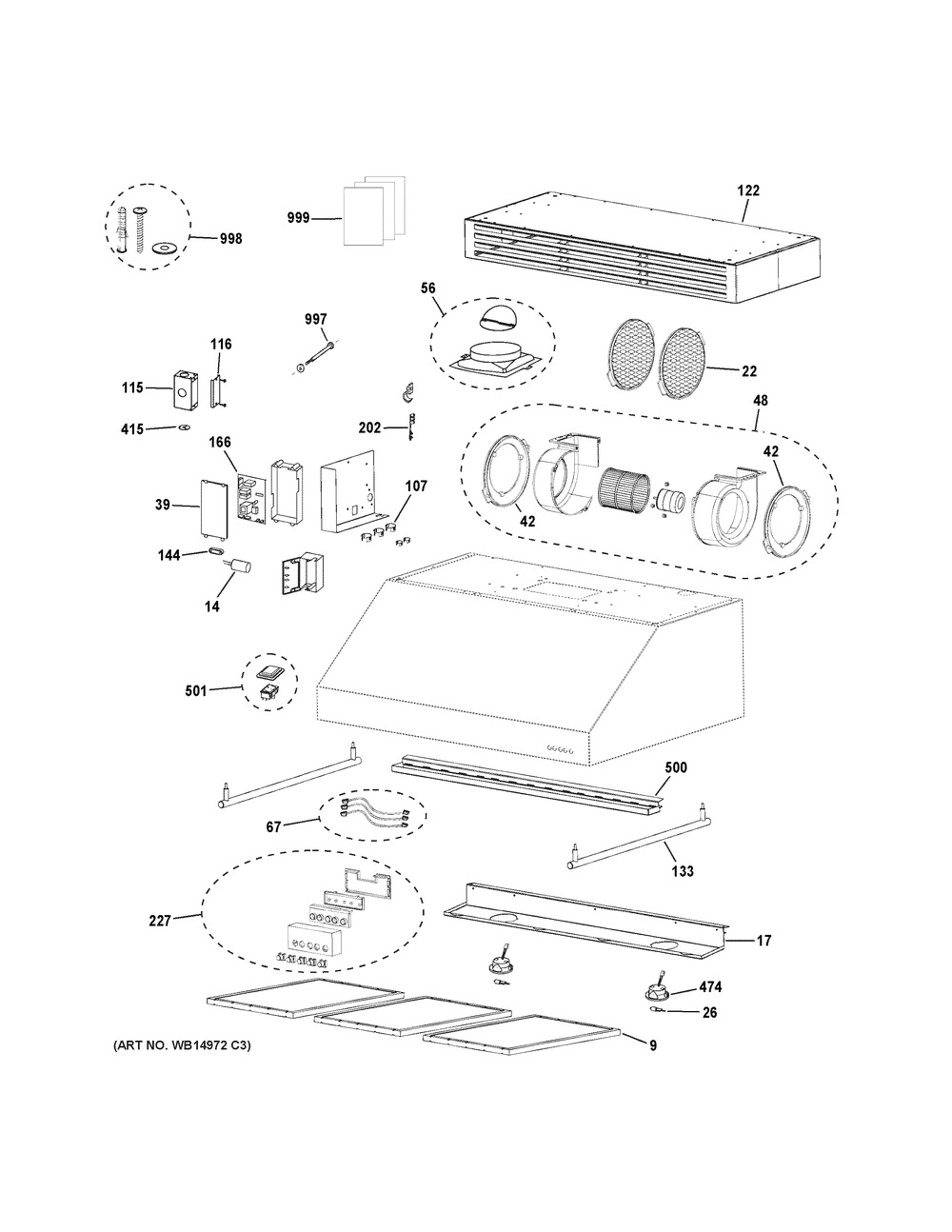 Range Hood Diagram and Parts List for ZV30HSR3SS  General Electric Range Hood