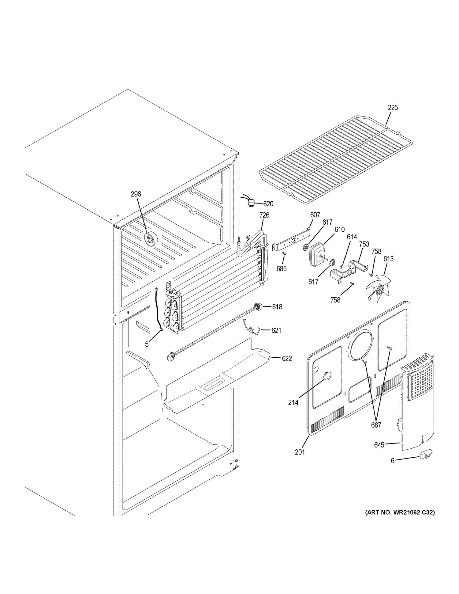 FREEZER SECTION Diagram and Parts List for FBS15RCKLRWW  General Electric Refrigerator