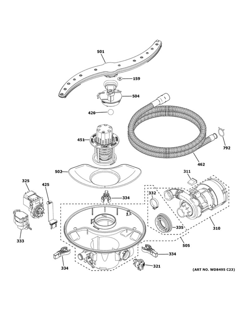 Motor, Sump And Filter Assembly Diagram and Parts List for GDT645SGN2BB  General Electric Dishwasher