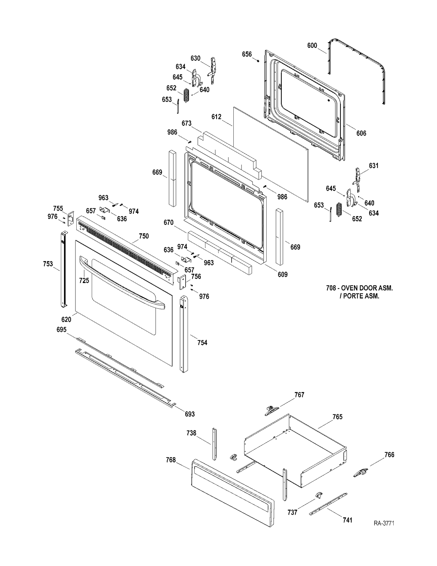 DOOR-DRAWER Diagram and Parts List for MCBS585DR1WW  General Electric Range