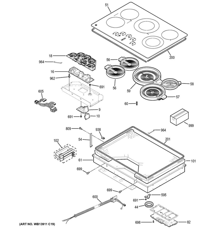 Control Panel & Cooktop Diagram and Parts List for PP9030DJ1BB  General Electric Cooktop