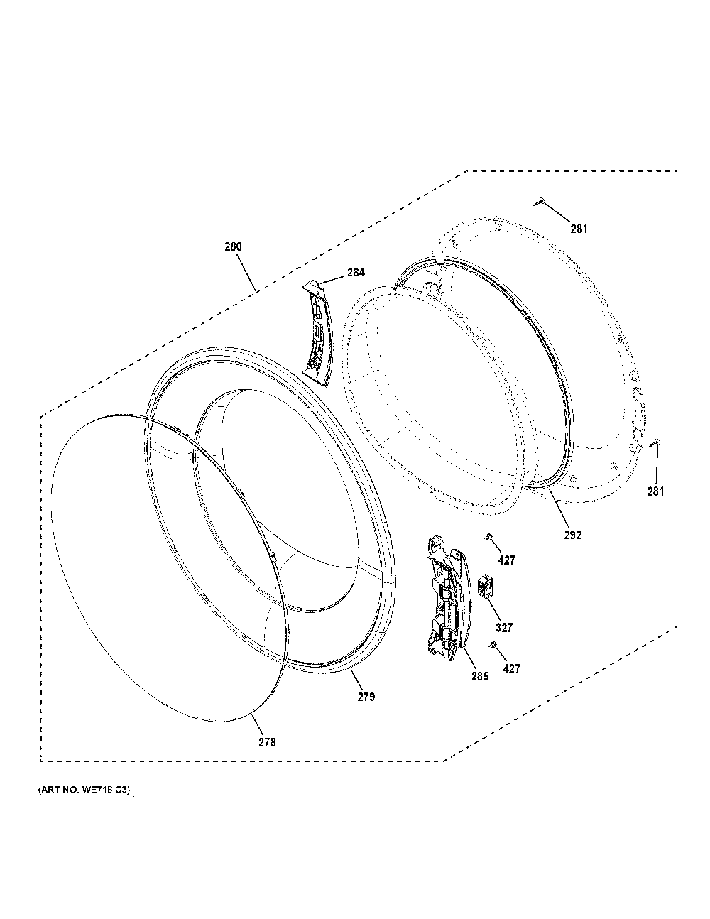 Door Diagram and Parts List for GFD55ESPR1RS  General Electric Washer