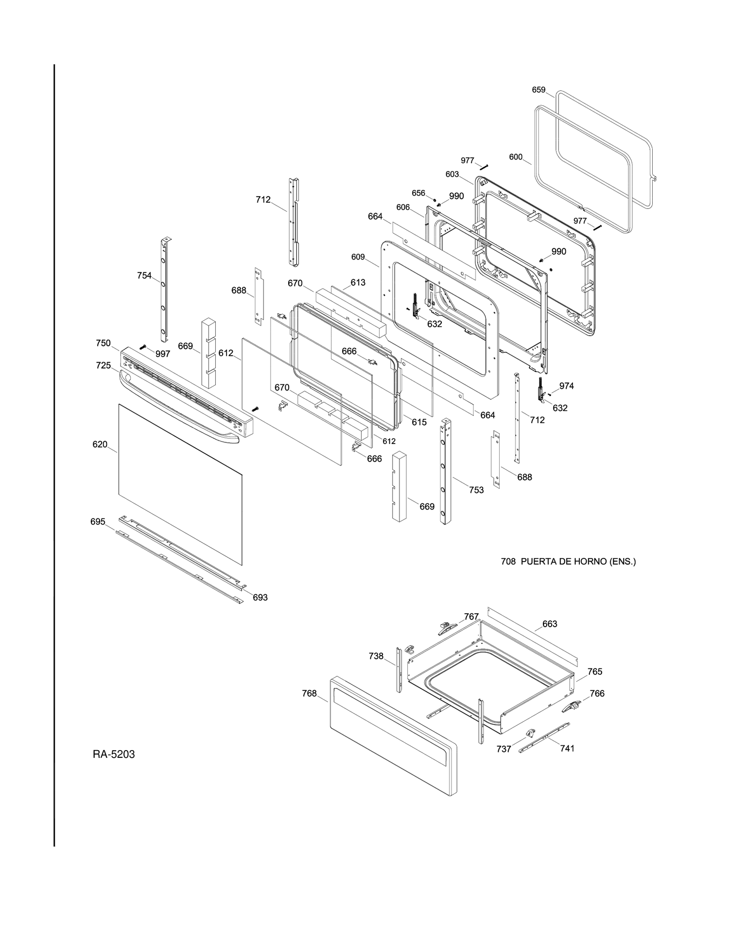 DOOR & DRAWER PARTS Diagram and Parts List for JCBP350DT2WW  General Electric Range