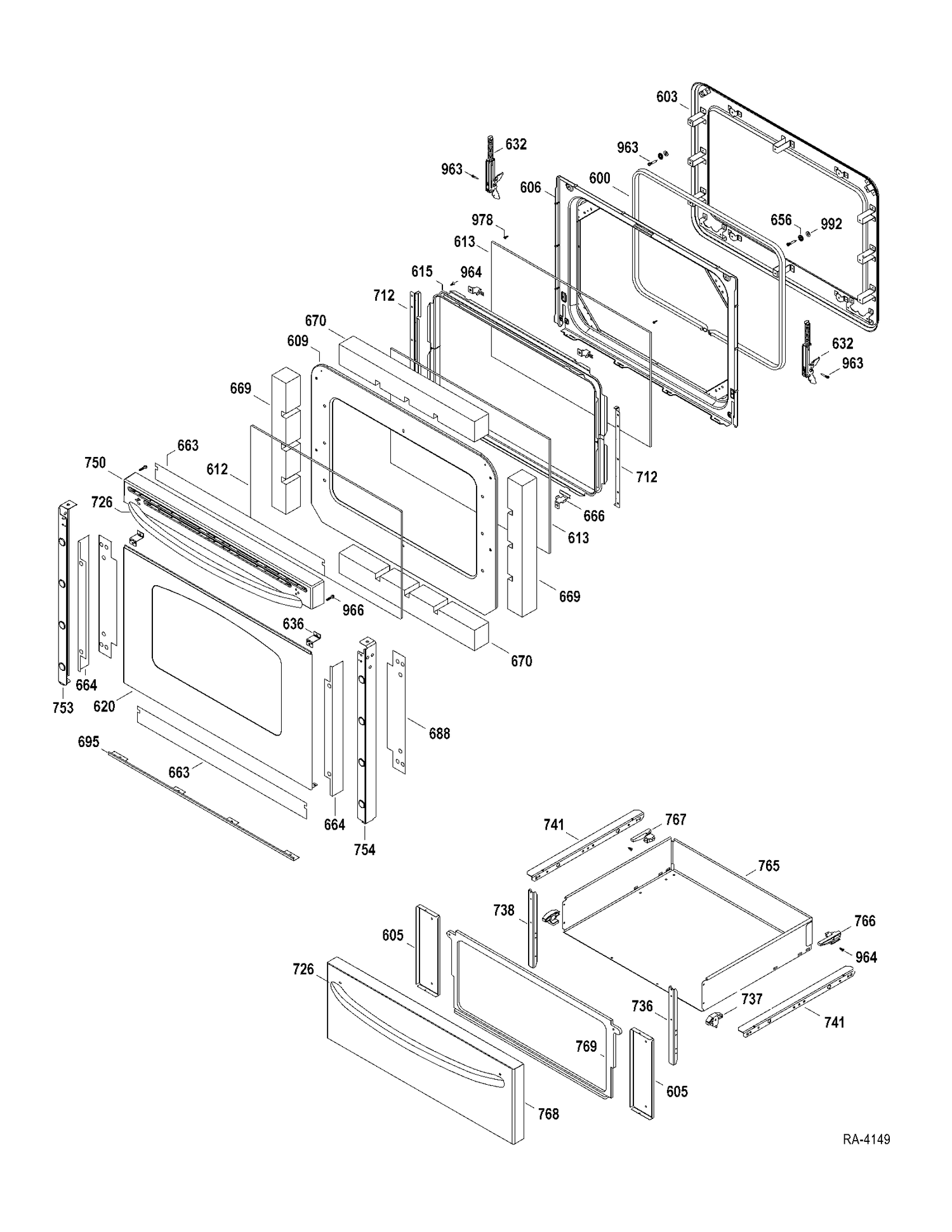 DOOR-DRAWER Diagram and Parts List for JCBP630ST1SS  General Electric Range