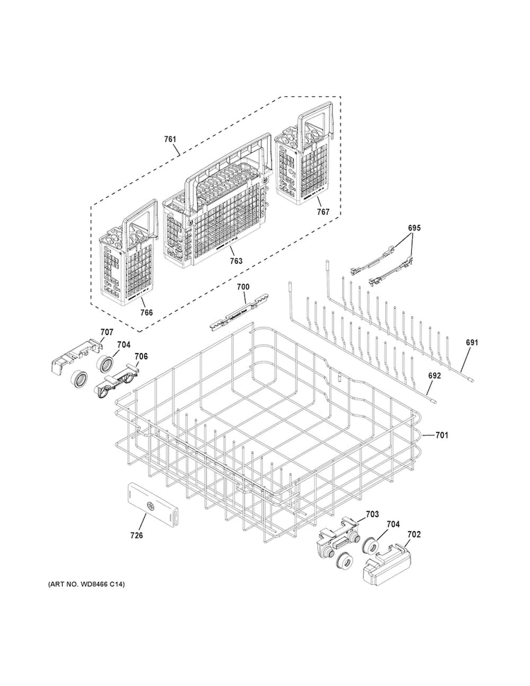Lower Rack Assembly Diagram and Parts List for PDT760SSJ7SS  General Electric Dishwasher