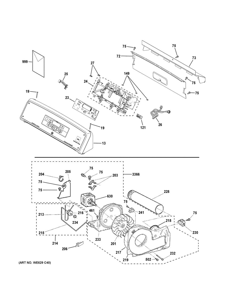 Backsplash, Blower And Motor Assembly Diagram and Parts List for VTD56EASV0WB  General Electric Dryer