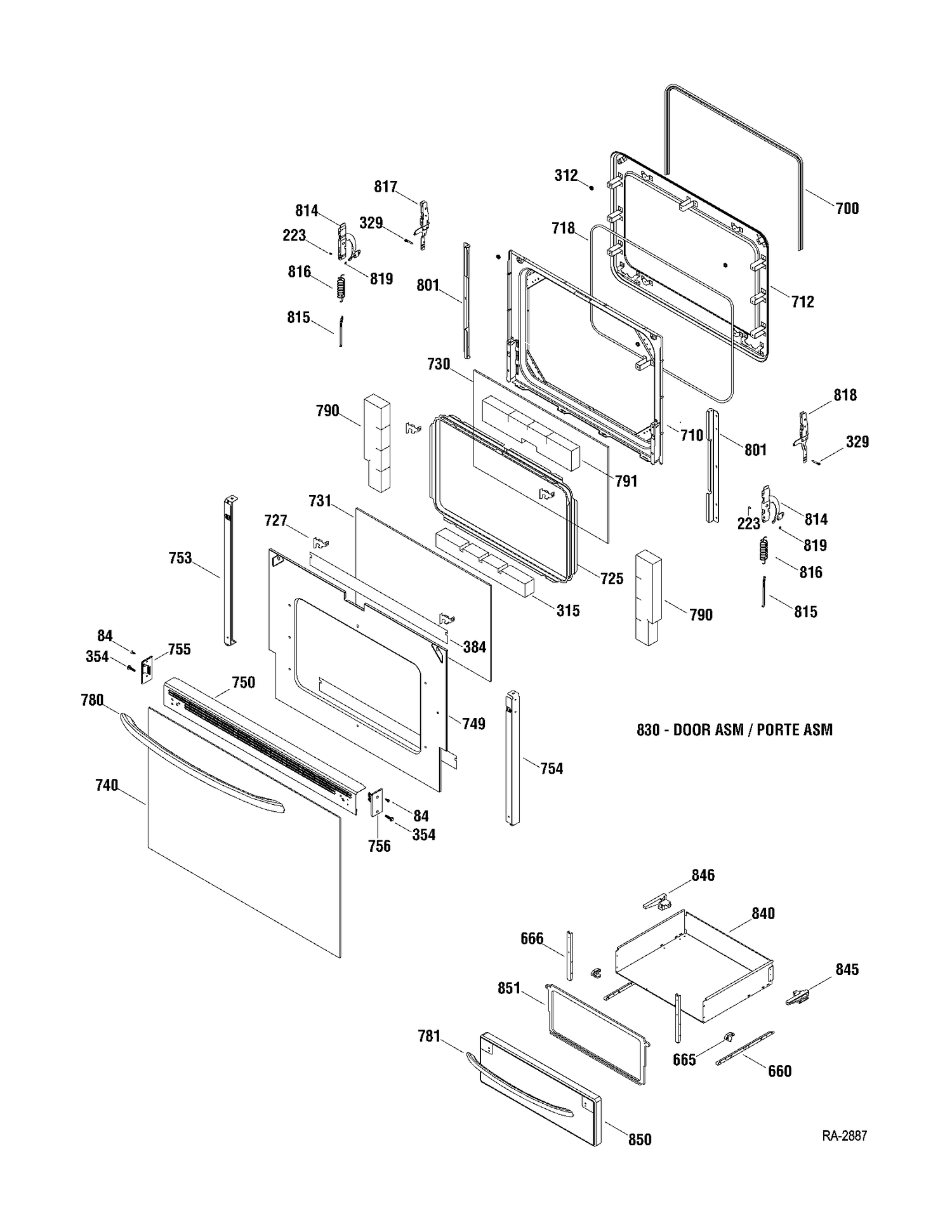 DOOR & DRAWER Diagram and Parts List for JCBP68MP1BS  General Electric Range