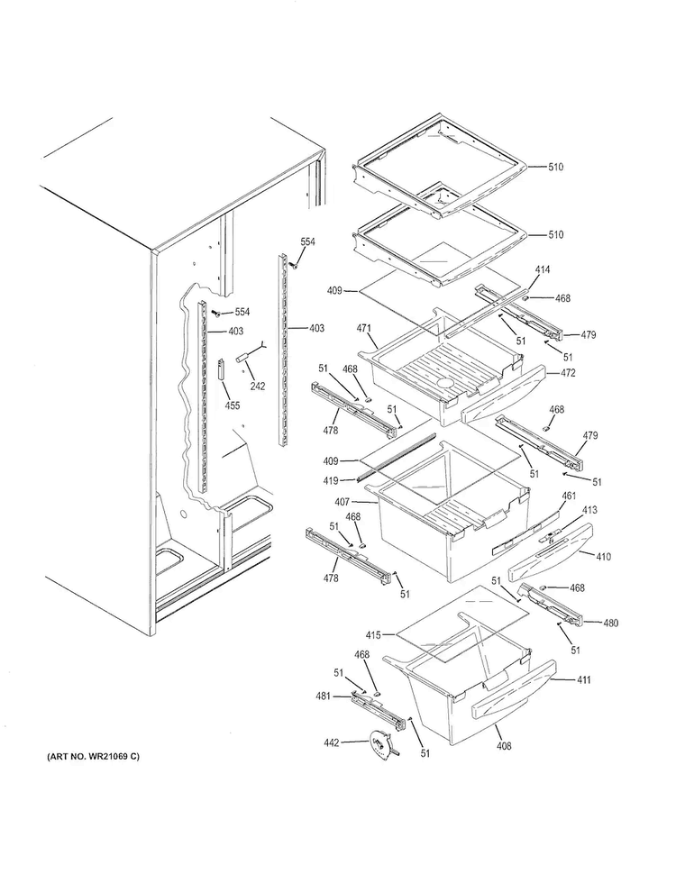 Fresh Food Shelves Diagram and Parts List for GSH25JGDDWW  General Electric Refrigerator