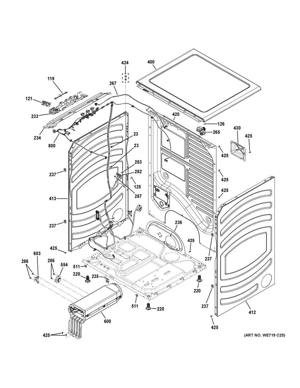 Cabinet And Top Panel Diagram and Parts List for PFD87ESSV0WW  General Electric Dryer
