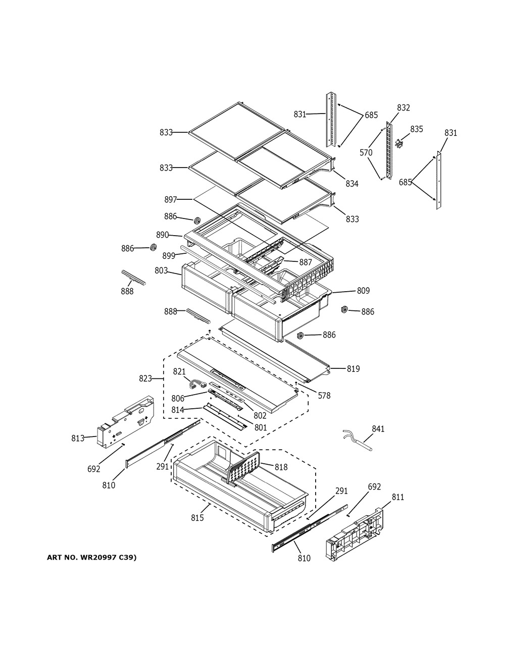 Fresh Food Shelves Diagram and Parts List for CFE28UP2MLS1  General Electric Refrigerator