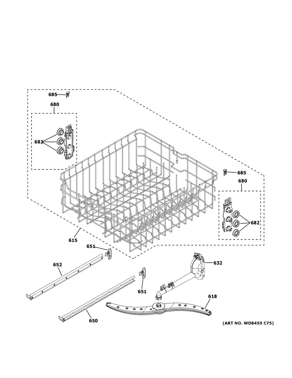 Upper Rack Assembly Diagram and Parts List for XDF400PGN5WW  General Electric Dishwasher