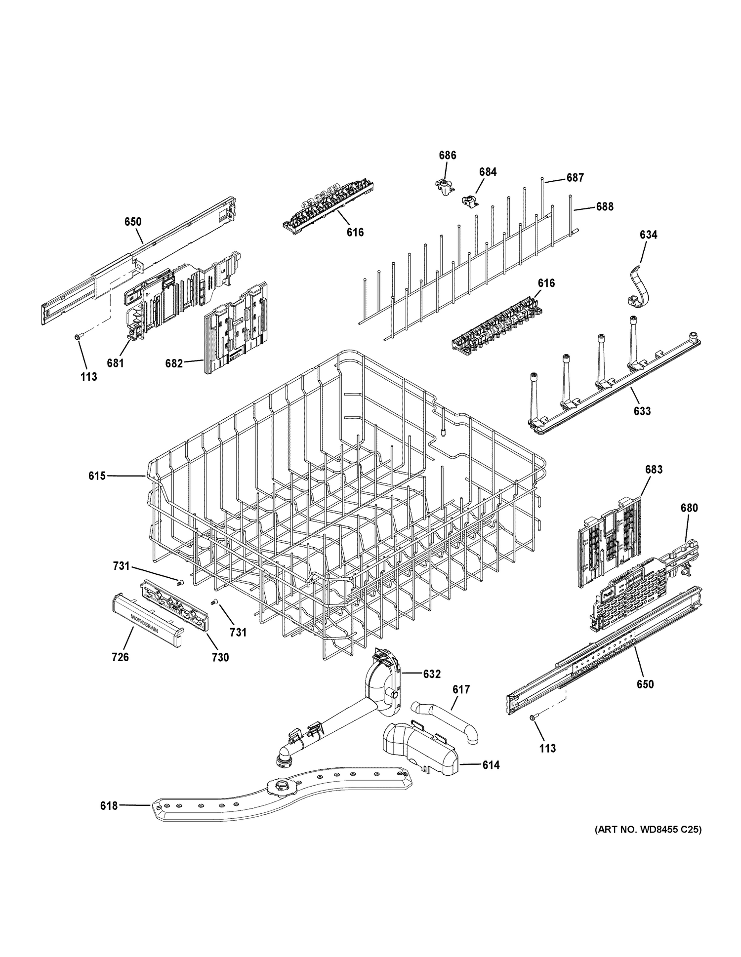 UPPER RACK ASSEMBLY Diagram and Parts List for ZDT870SMF5GS  General Electric Dishwasher