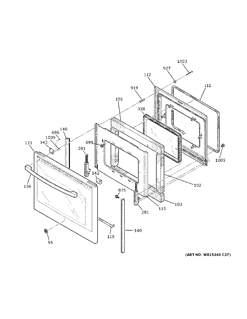 Door Diagram and Parts List for JB750DJ9BB  General Electric Range