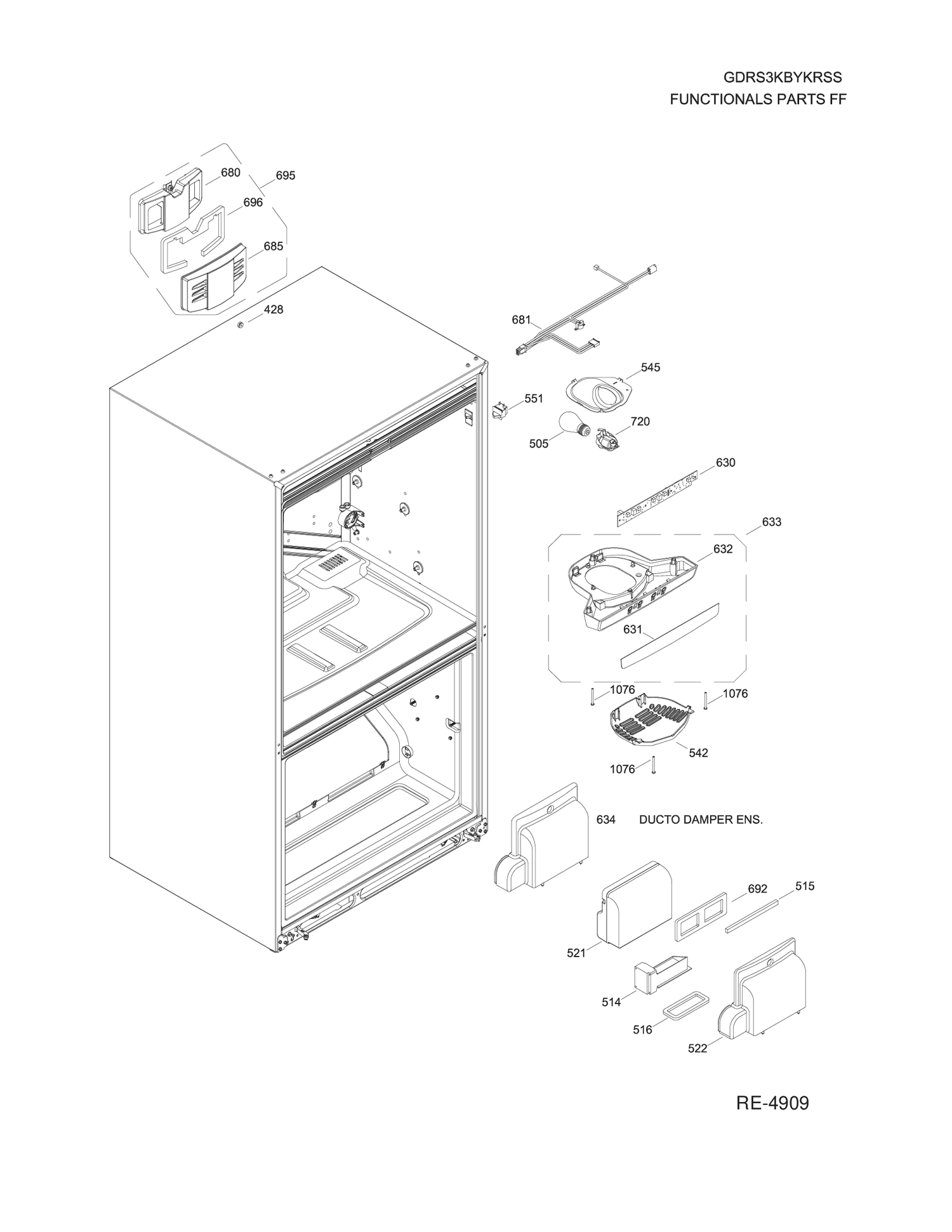 FUNCTIONAL PARTS FF Diagram and Parts List for GDRS3KBYKRSS  General Electric Refrigerator