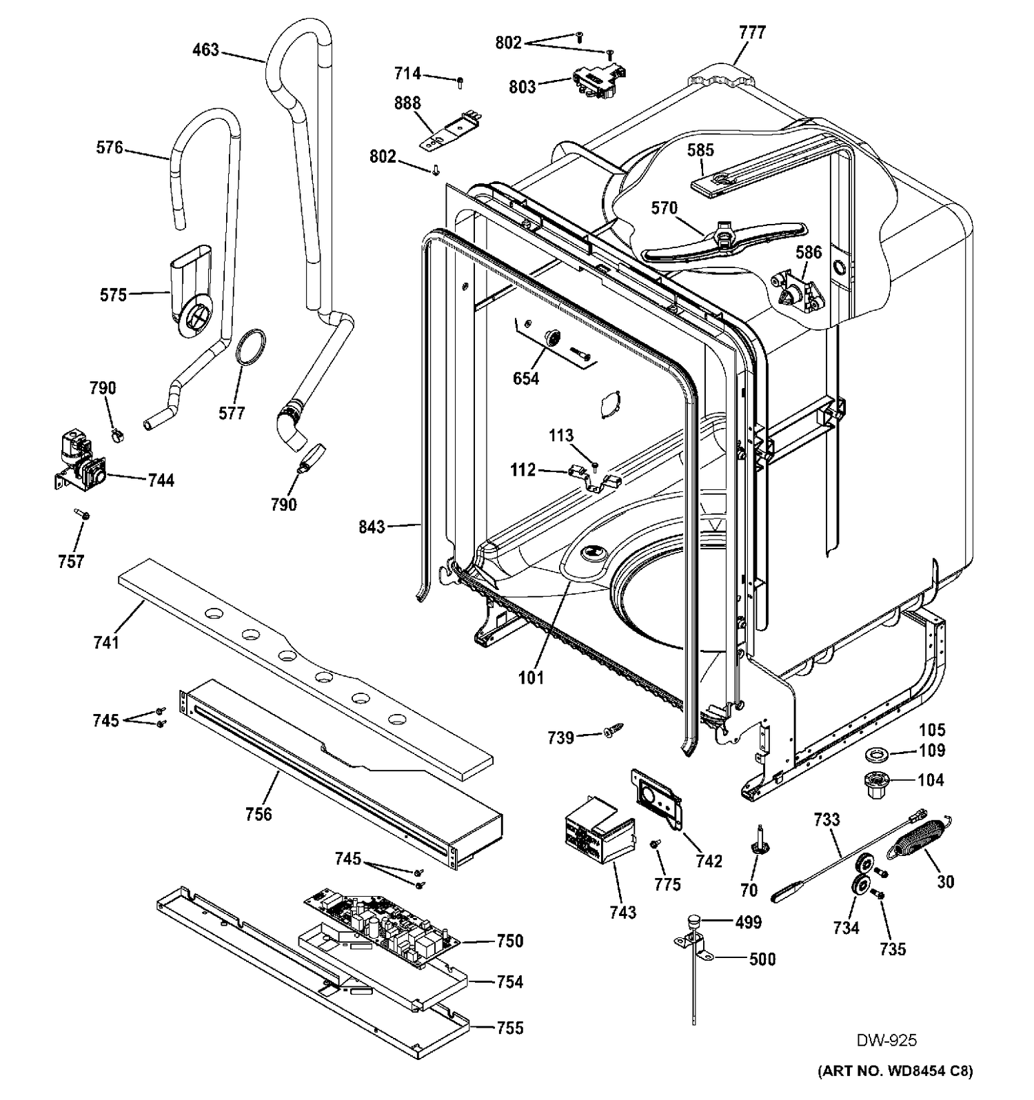 BODY PARTS Diagram and Parts List for GDF520PSF0SS  General Electric Dishwasher