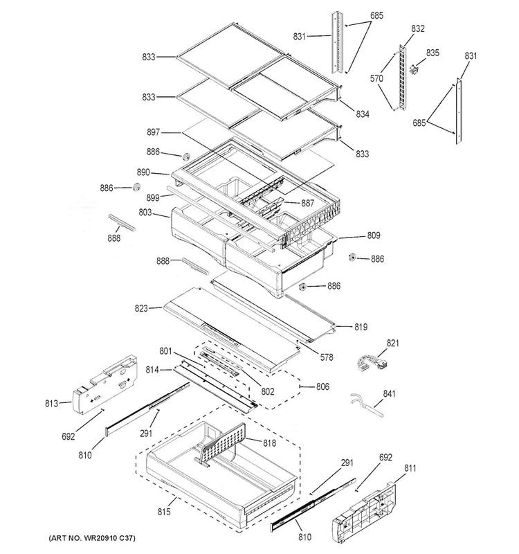 Fresh Food Shelves Diagram and Parts List for PFE28KSKCSS  General Electric Refrigerator