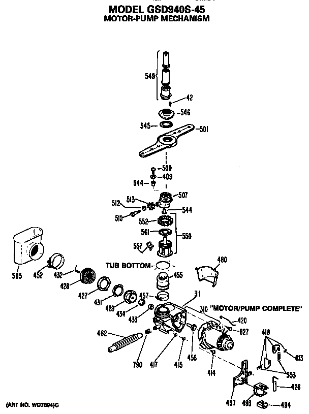 Motor/pump Diagram and Parts List for GSD940S-45  General Electric Dishwasher