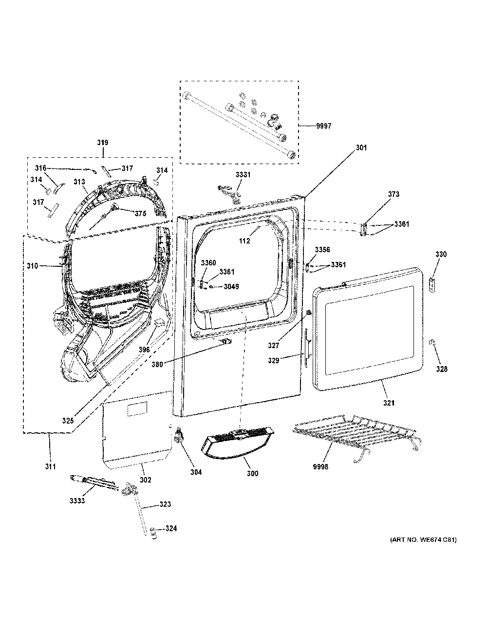 Front Panel And Door Diagram and Parts List for PTD70GBPT0RS  General Electric Dryer