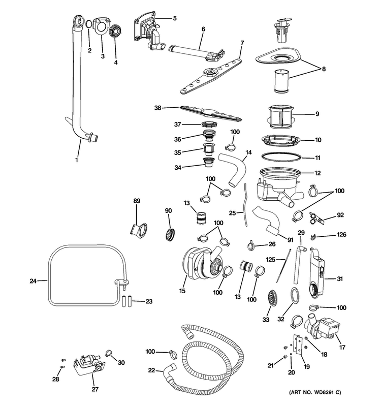 Motor-pump Mechanism Diagram and Parts List for PDW1800N02II  General Electric Dishwasher