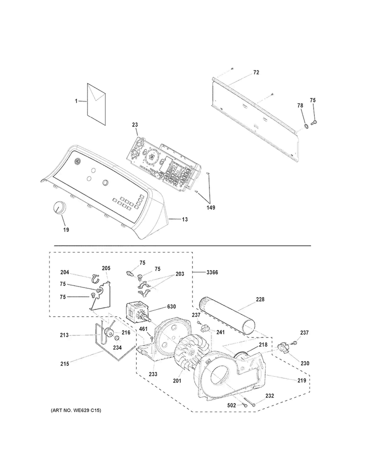 Backsplash, Blower & Motor Assembly Diagram and Parts List for GTD65EBSJ3WS  General Electric Dryer