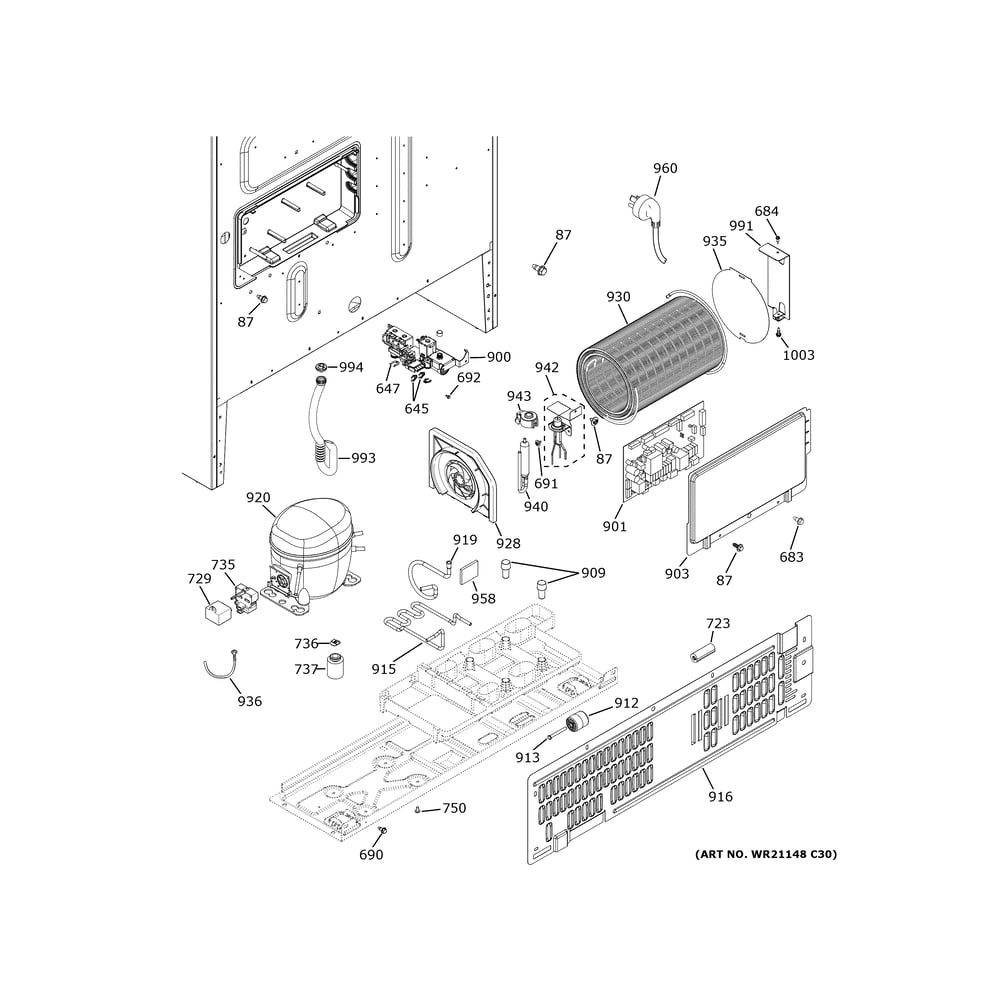 Machine Compartment Diagram and Parts List for PWE23KMKPES  General Electric Refrigerator