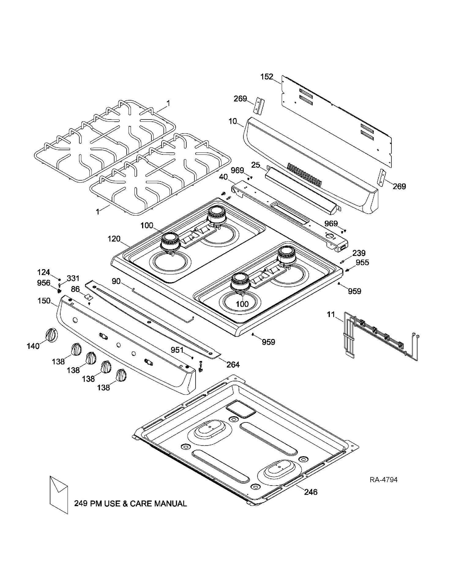 BACKGUARD & COOKTOP Diagram and Parts List for MGAS724EL3WW  General Electric Range