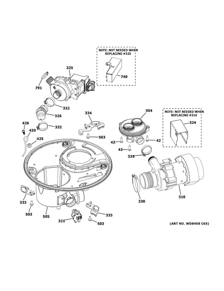 Sump And Motor Mechanism Diagram and Parts List for GDT530PGD1WW  General Electric Dishwasher