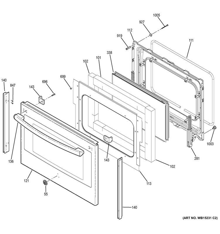 Lower Door Diagram and Parts List for JB860DJ2WW  General Electric Range