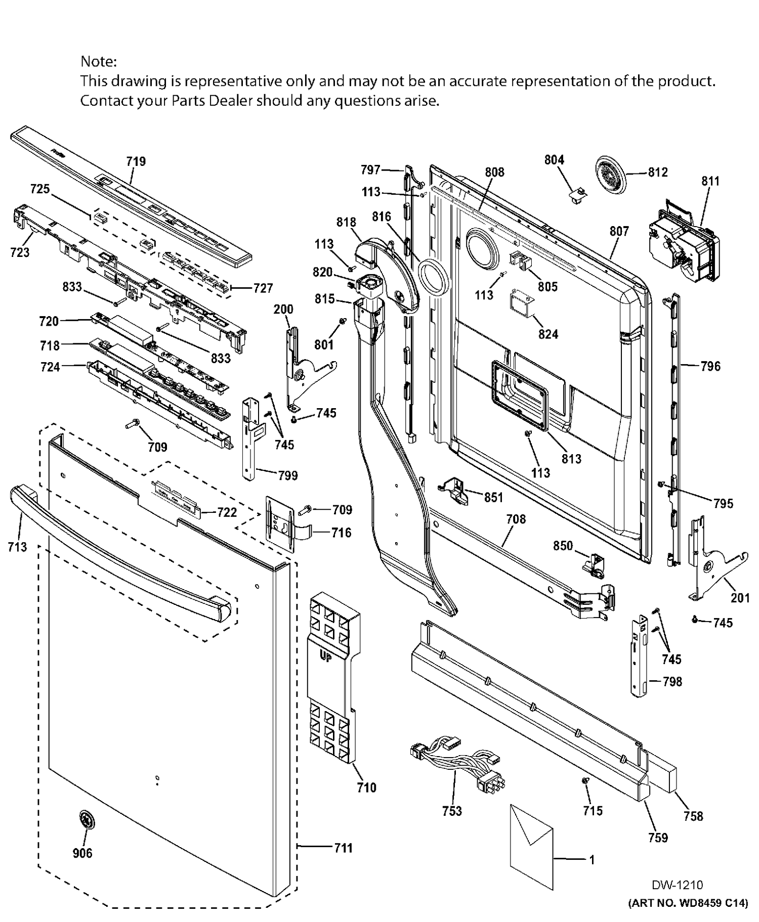 ESCUTCHEON & DOOR ASM Diagram and Parts List for PDT750SSFASS  General Electric Dishwasher