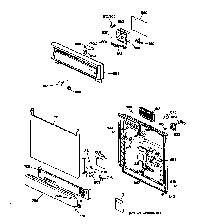 Escutcheon & Door Assembly Diagram and Parts List for 36314081991  General Electric Dishwasher