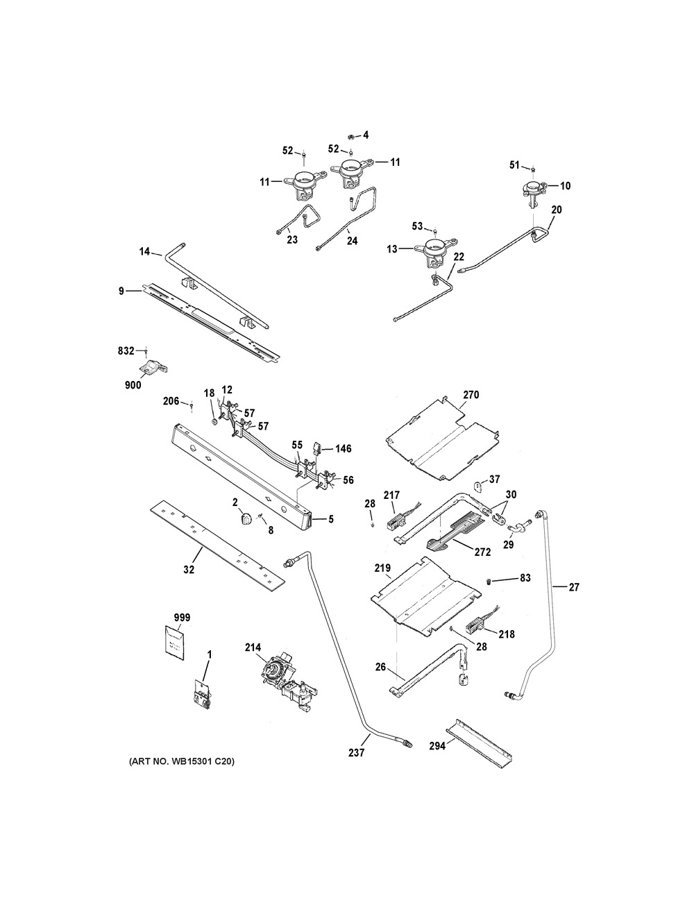 Gas And Burner Parts Diagram and Parts List for XGB635REK2SS  General Electric Range