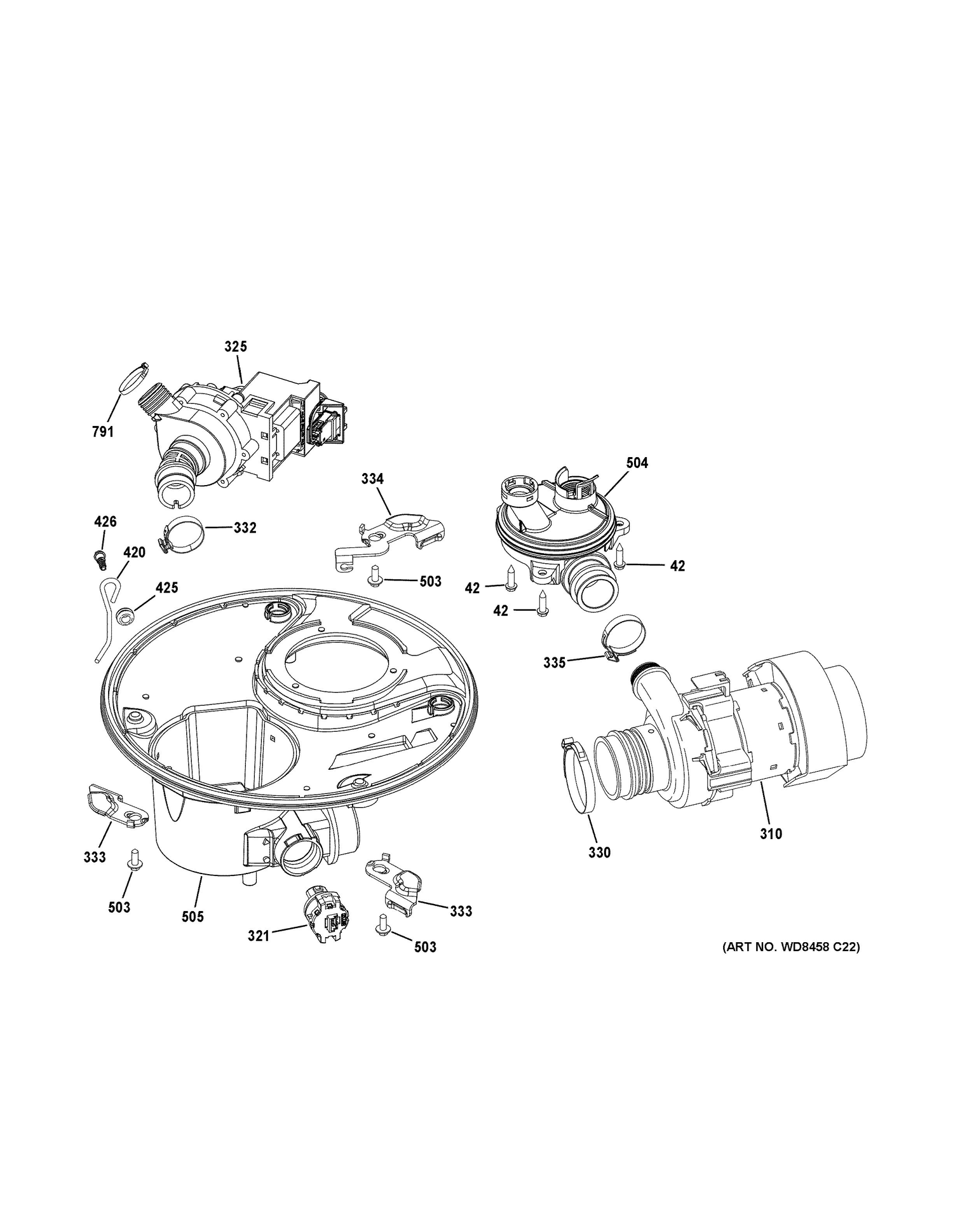 SUMP & MOTOR MECHANISM Diagram and Parts List for GDF520PGJ5WW  General Electric Dishwasher
