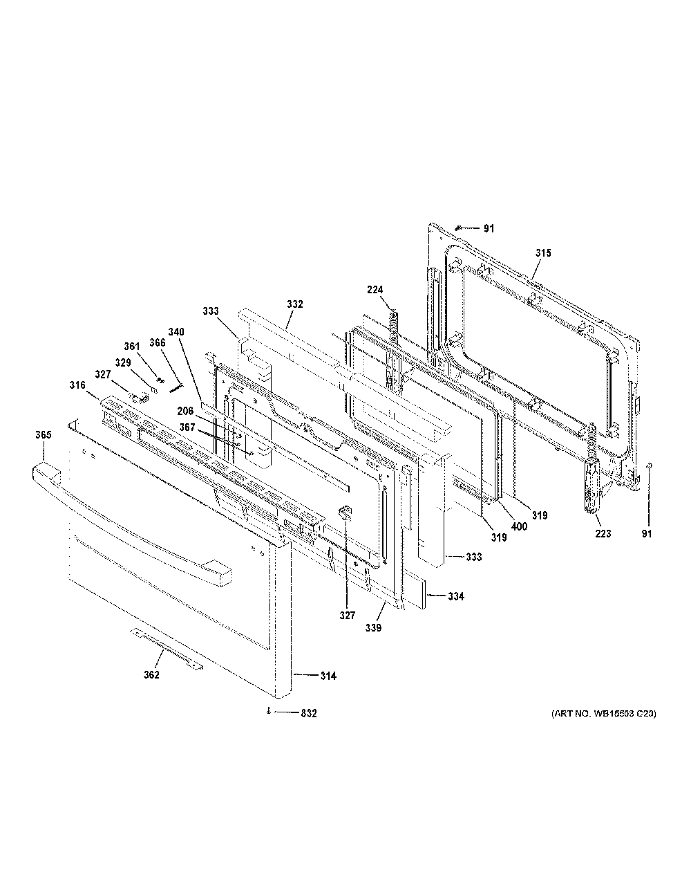 Lower Door Diagram and Parts List for PS96PZR1SS  General Electric Range