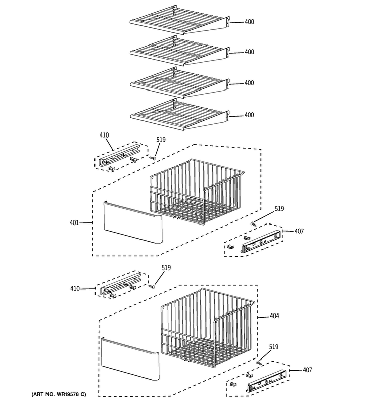 Freezer Shelves Diagram and Parts List for PSB42YPHASV  General Electric Refrigerator