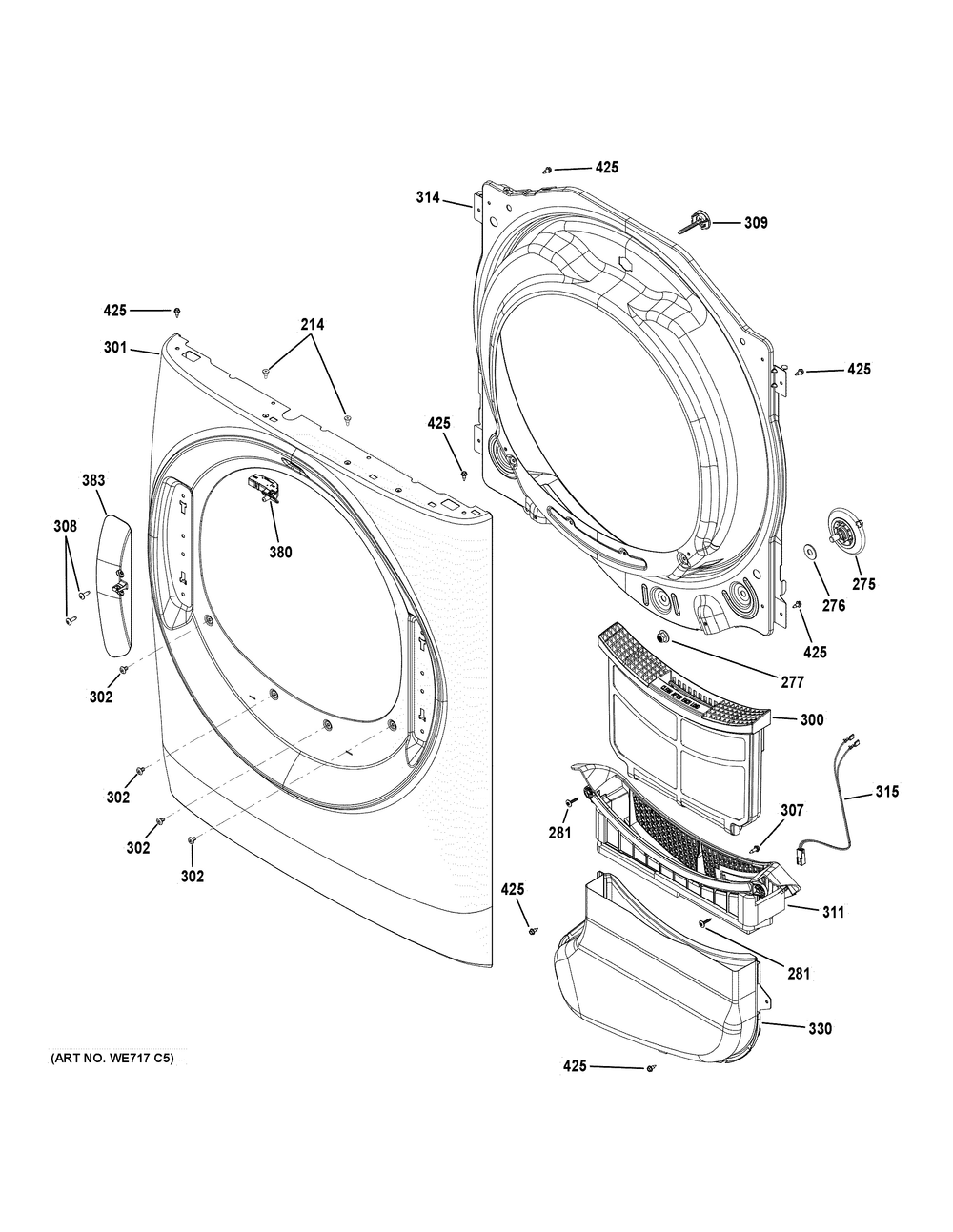 Front Panel Diagram and Parts List for GFD35ESSY0WW  General Electric Dryer