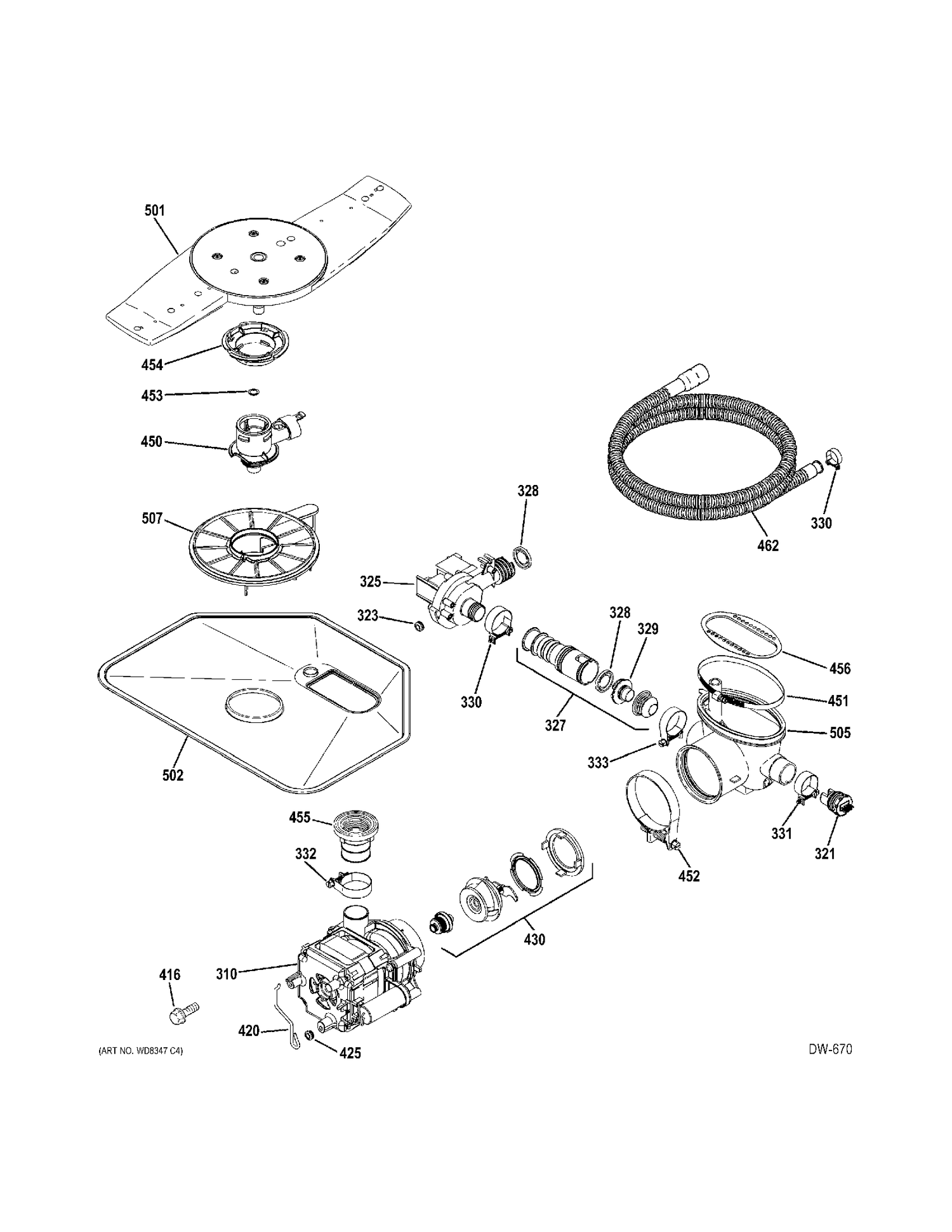 MOTOR-PUMP MECHANISM Diagram and Parts List for GDWF106V00WW  General Electric Dishwasher