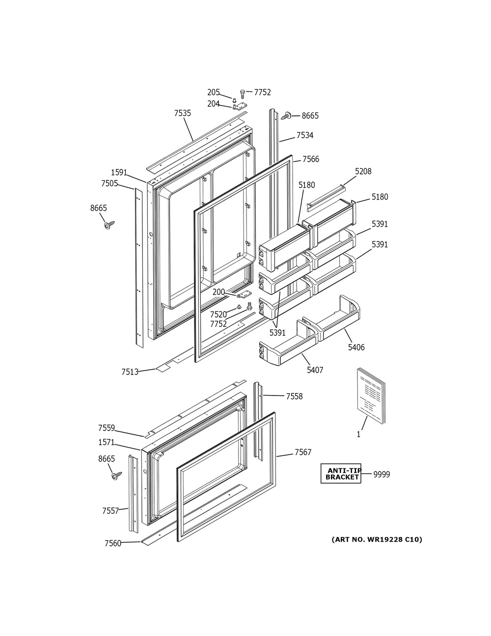 Doors Diagram and Parts List for ZIC360NVHRH  General Electric Refrigerator