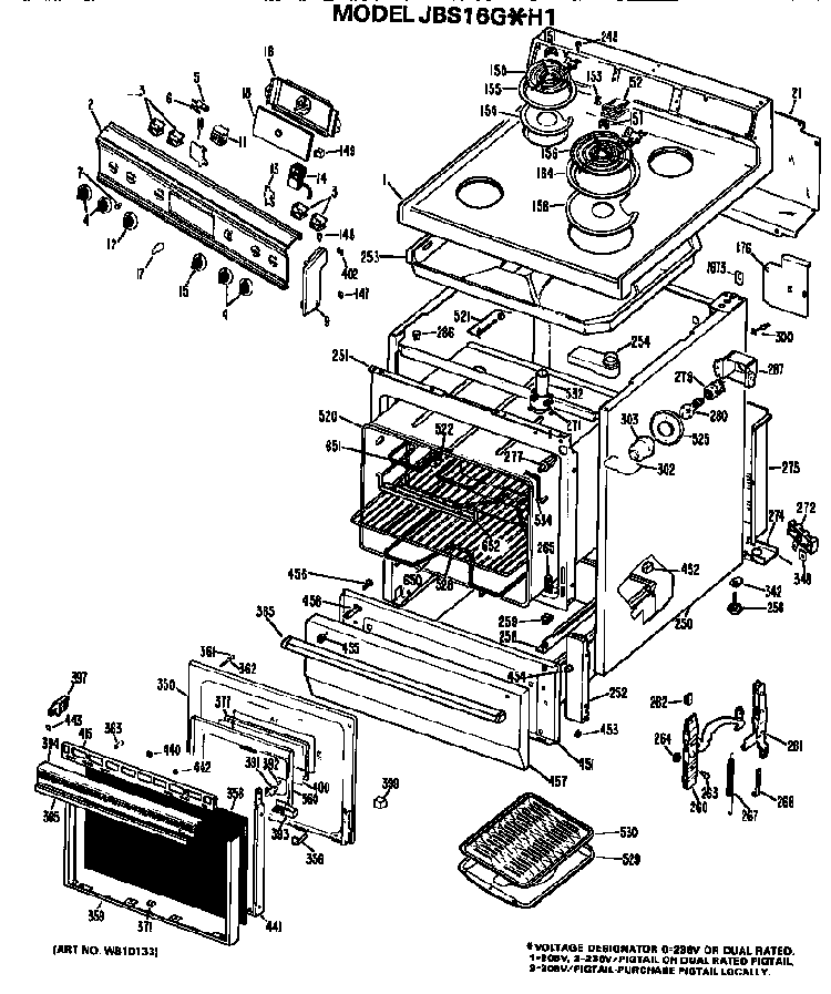 Main Body/cooktop/controls Diagram and Parts List for JBS16G*H1  General Electric Range