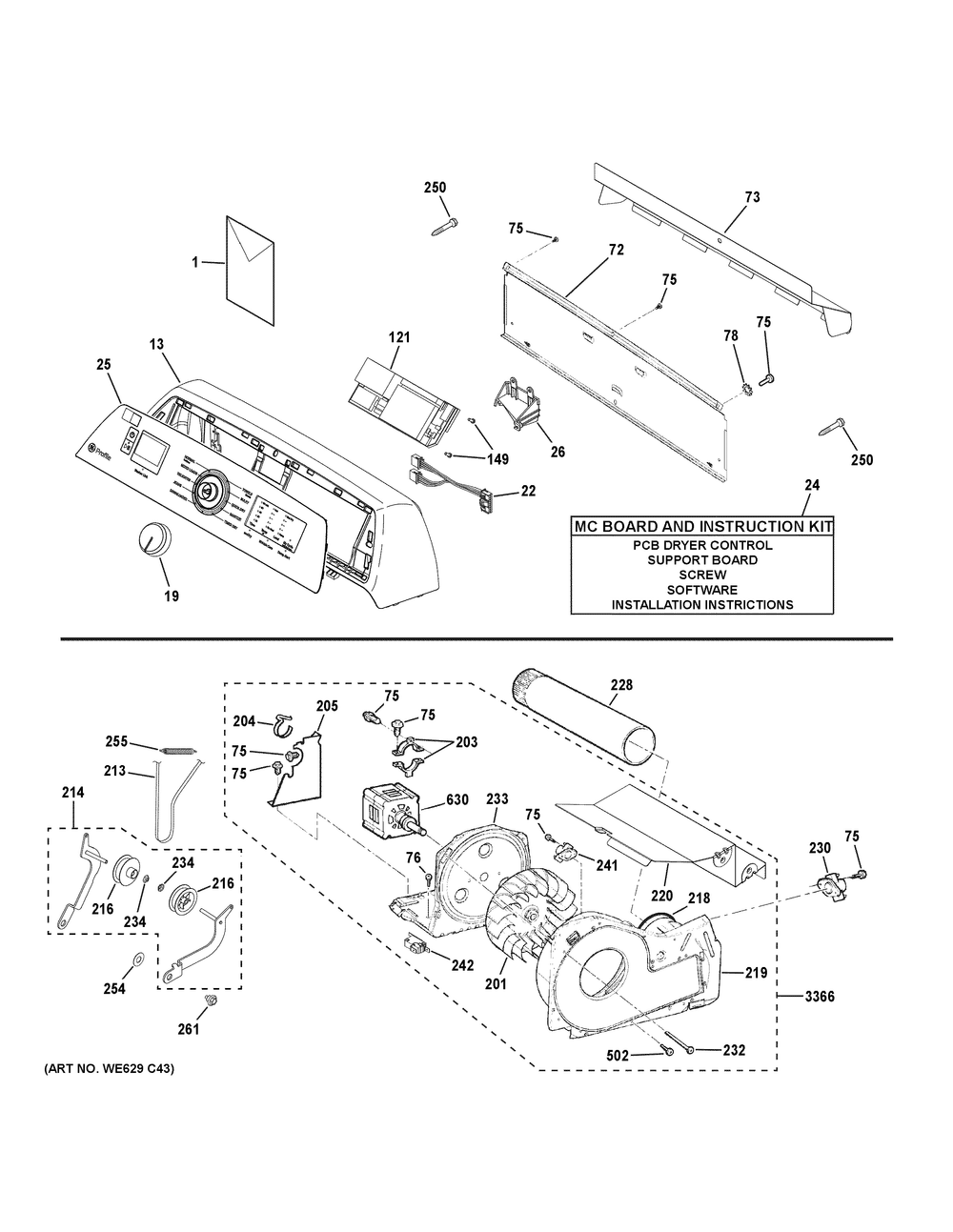Backplash, Blower And Motor Assembly Diagram and Parts List for PTD70EBST1WS  General Electric Dryer