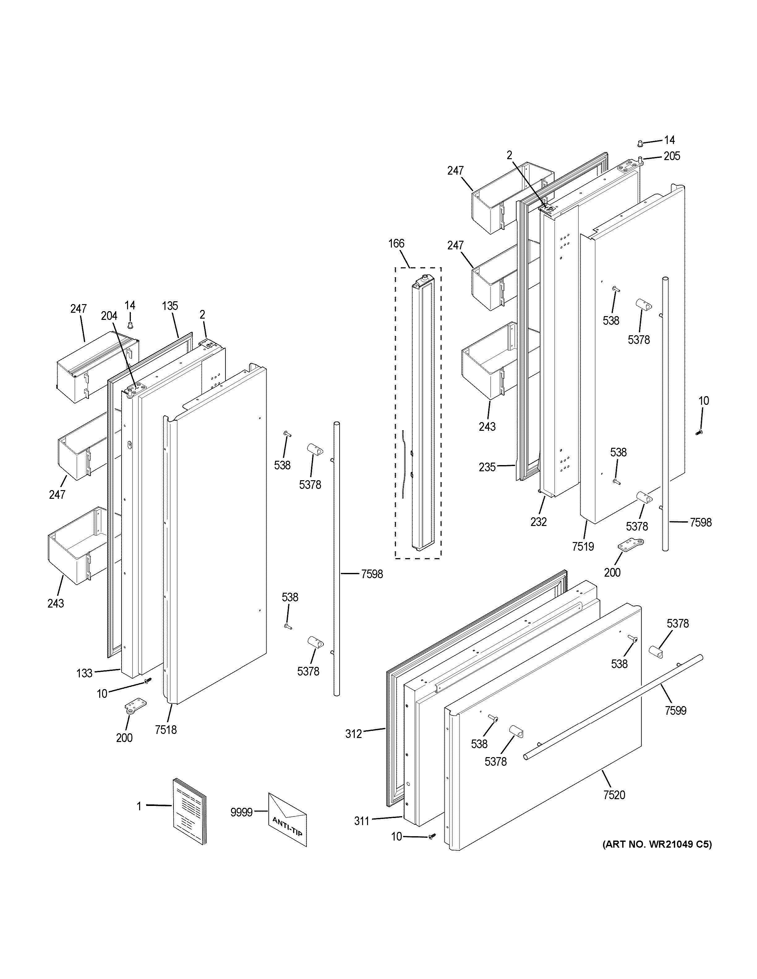 DOORS Diagram and Parts List for ZIPS360NHCSS  General Electric Refrigerator
